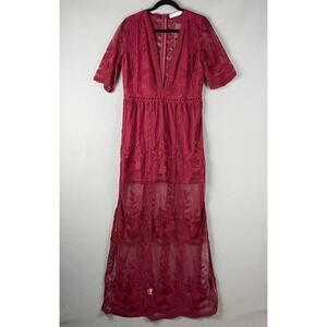 Wicky LS Maxi Dress Womens Large Burgundy V Neck Lace Boho Fairy Whimsygoth